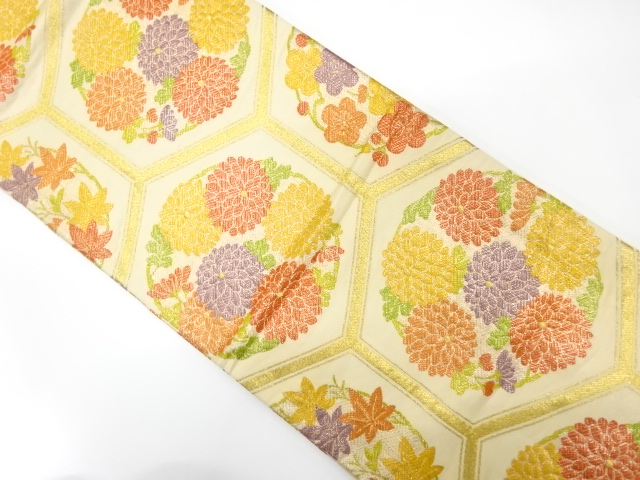 JAPANESE KIMONO / ANTIQUE FUKURO OBI / SILK / WOVEN KIKKO & FLORAL ROUNDEL PATTERN